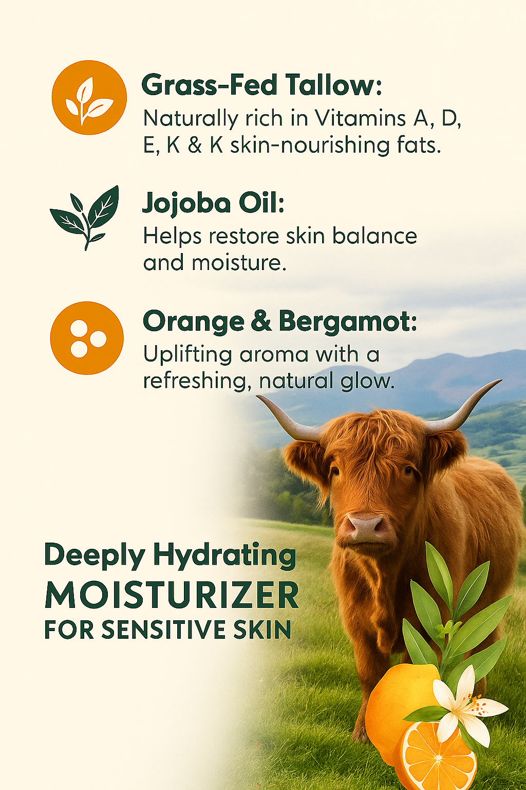 Tallow Cream Orange & Bergamot | Brightening Grass-Fed Moisturizer | AvireBeauty