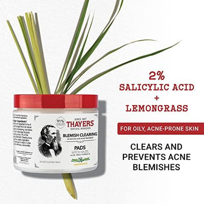 Thayers Blemish Clearing Acne Pads, Salicylic Acid Acne Treatment for Face, Pore Reducing, Exfoliating, and Soothing Skincare, Witch Hazel Toner Pads, 60 Ct