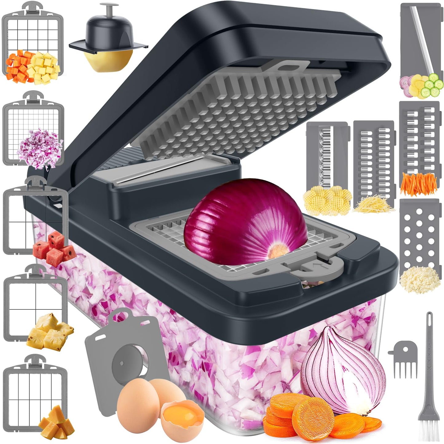 12-in-1 Vegetable Chopper, Kitchen Gadgets with 7 Blades, Veggie, Food, Onion Chopper, Cucumber Slicer, Versatile Mandoline, Includes Egg Separator & Finger Guard, Gray