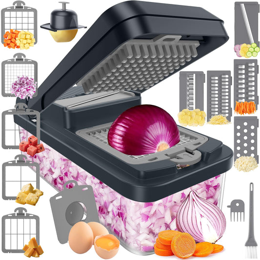 12-in-1 Vegetable Chopper, Kitchen Gadgets with 7 Blades, Veggie, Food, Onion Chopper, Cucumber Slicer, Versatile Mandoline, Includes Egg Separator & Finger Guard, Gray