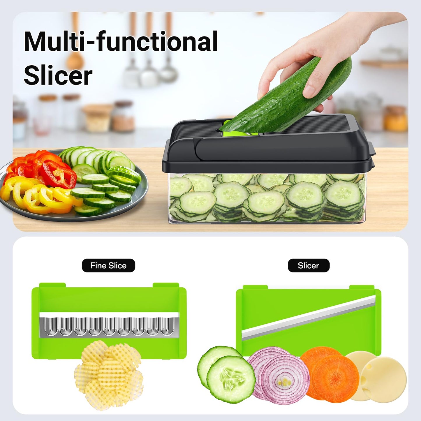 12-in-1 Vegetable Chopper, Kitchen Gadgets with 7 Blades, Veggie, Food, Onion Chopper, Cucumber Slicer, Versatile Mandoline, Includes Egg Separator & Finger Guard, Gray