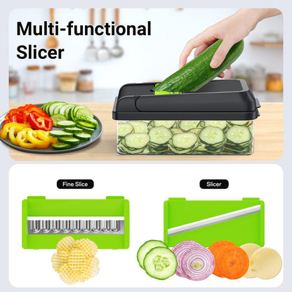 12-in-1 Vegetable Chopper, Kitchen Gadgets with 7 Blades, Veggie, Food, Onion Chopper, Cucumber Slicer, Versatile Mandoline, Includes Egg Separator & Finger Guard, Gray