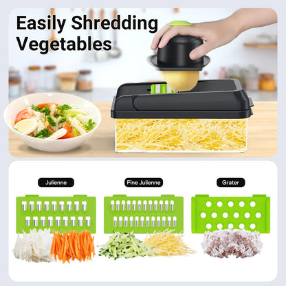 12-in-1 Vegetable Chopper, Kitchen Gadgets with 7 Blades, Veggie, Food, Onion Chopper, Cucumber Slicer, Versatile Mandoline, Includes Egg Separator & Finger Guard, Gray