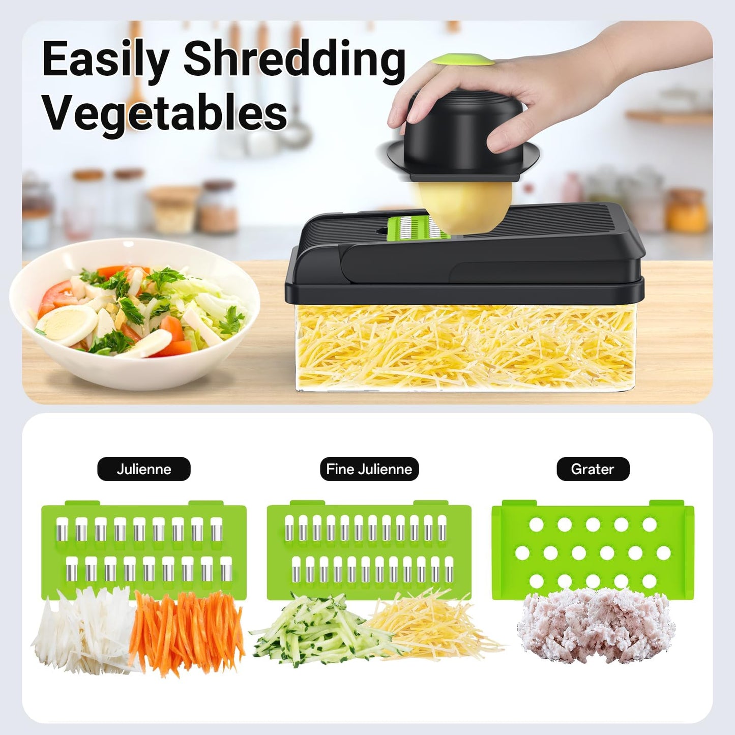 12-in-1 Vegetable Chopper, Kitchen Gadgets with 7 Blades, Veggie, Food, Onion Chopper, Cucumber Slicer, Versatile Mandoline, Includes Egg Separator & Finger Guard, Gray