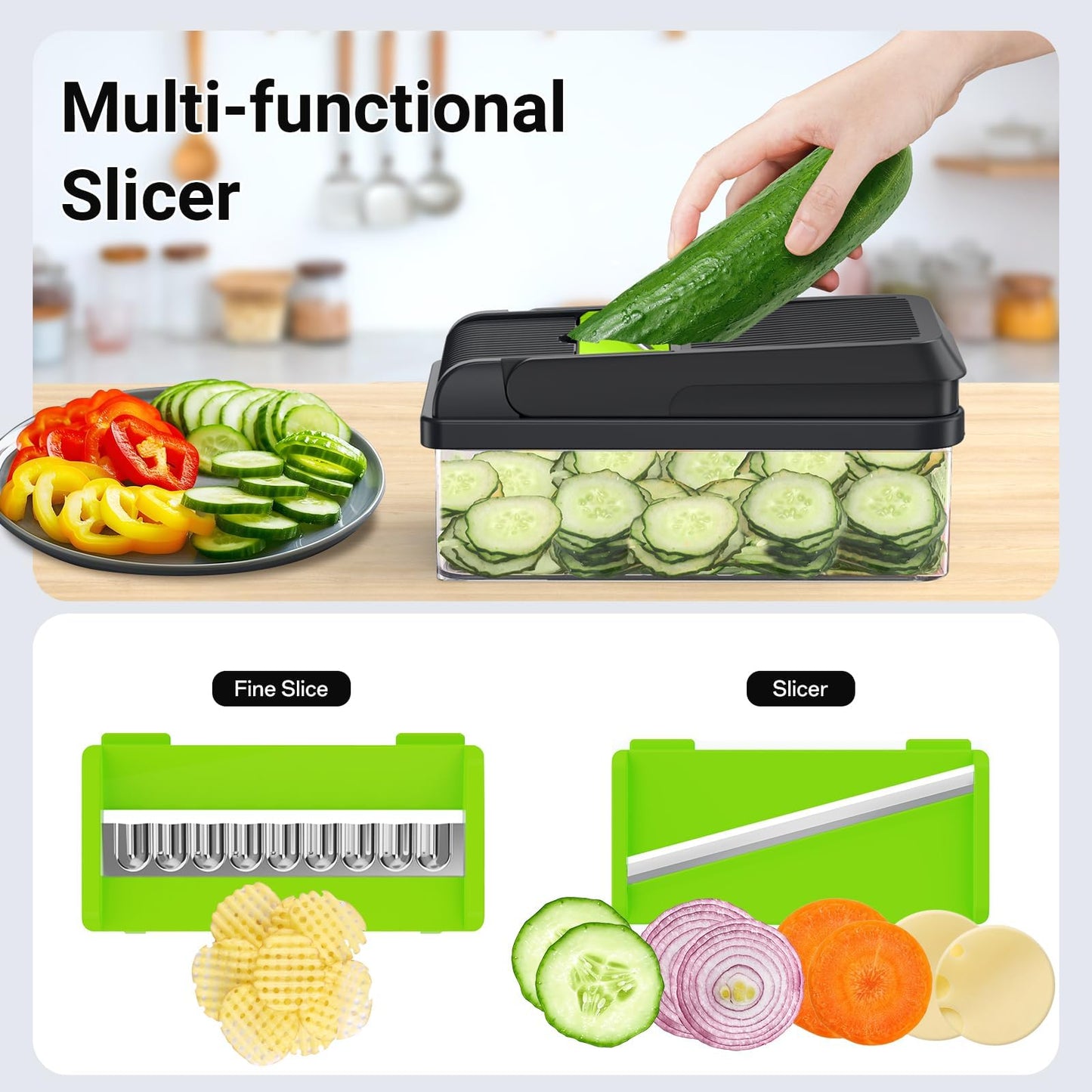 12-in-1 Vegetable Chopper, Kitchen Gadgets with 7 Blades, Veggie, Food, Onion Chopper, Cucumber Slicer, Versatile Mandoline, Includes Egg Separator & Finger Guard, Gray