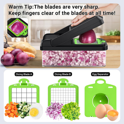 12-in-1 Vegetable Chopper, Kitchen Gadgets with 7 Blades, Veggie, Food, Onion Chopper, Cucumber Slicer, Versatile Mandoline, Includes Egg Separator & Finger Guard, Gray