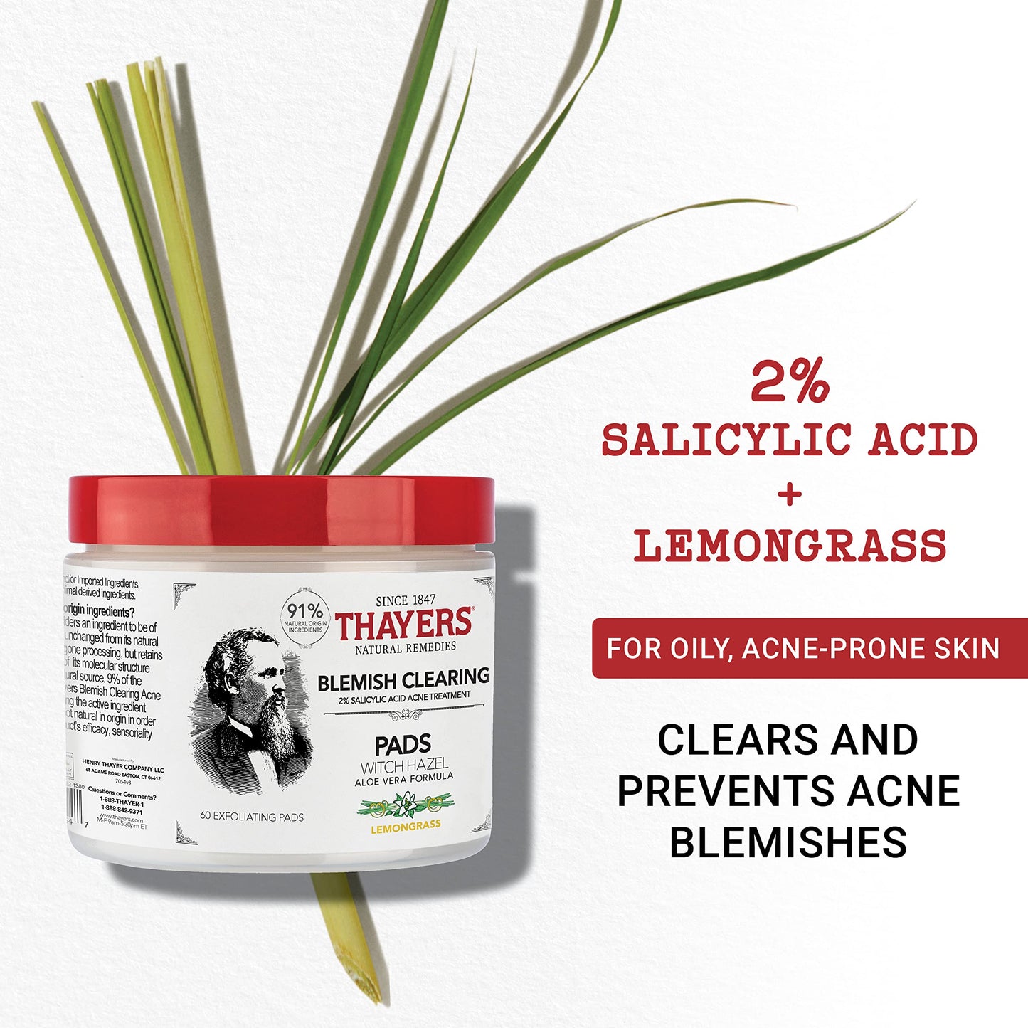 Thayers Blemish Clearing Acne Pads, Salicylic Acid Acne Treatment for Face, Pore Reducing, Exfoliating, and Soothing Skincare, Witch Hazel Toner Pads, 60 Ct