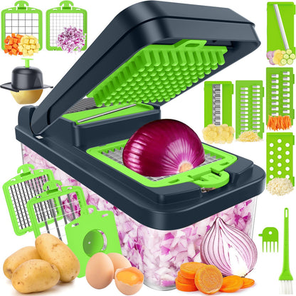 12-in-1 Vegetable Chopper, Kitchen Gadgets with 7 Blades, Veggie, Food, Onion Chopper, Cucumber Slicer, Versatile Mandoline, Includes Egg Separator & Finger Guard, Gray