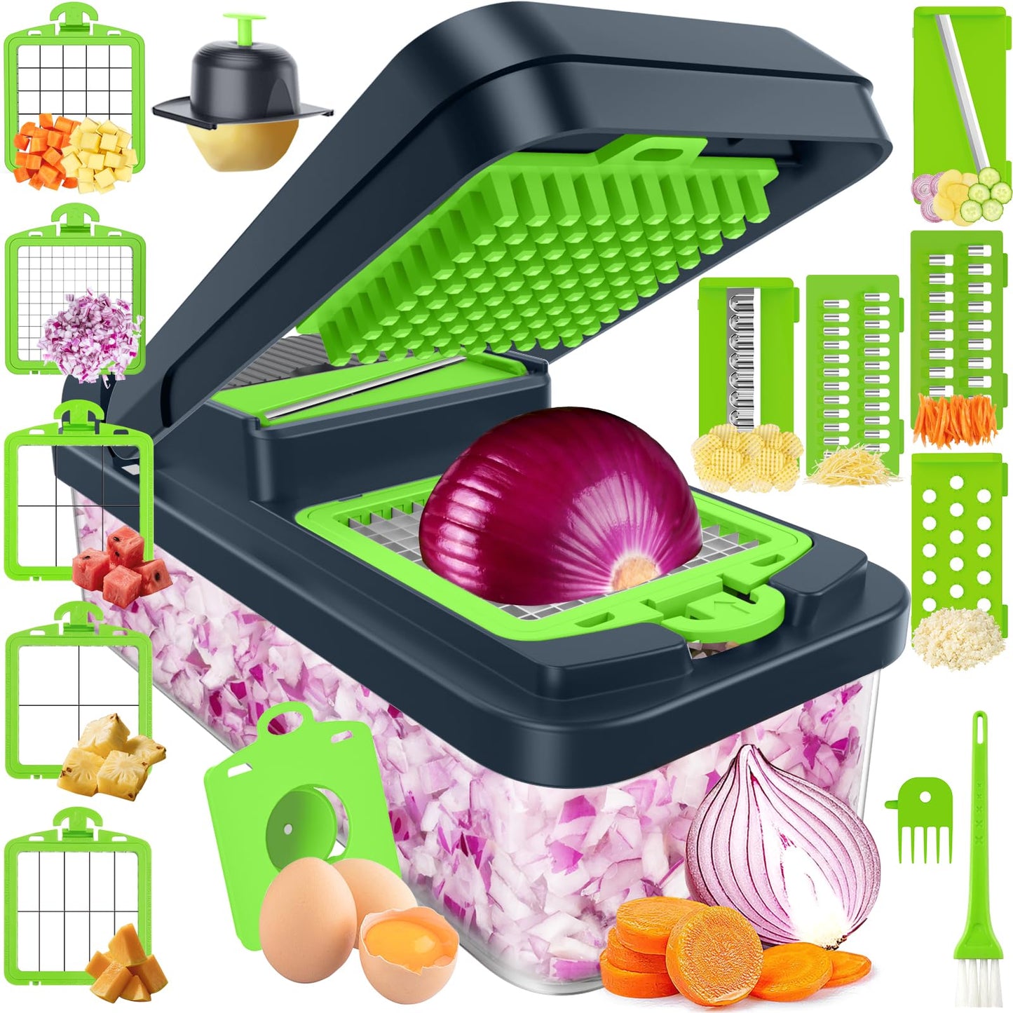 12-in-1 Vegetable Chopper, Kitchen Gadgets with 7 Blades, Veggie, Food, Onion Chopper, Cucumber Slicer, Versatile Mandoline, Includes Egg Separator & Finger Guard, Gray