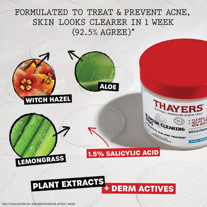 Thayers Blemish Clearing Acne Pads, Salicylic Acid Acne Treatment for Face, Pore Reducing, Exfoliating, and Soothing Skincare, Witch Hazel Toner Pads, 60 Ct