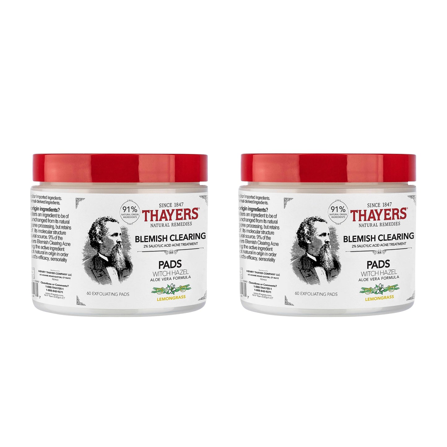 Thayers Blemish Clearing Acne Pads, Salicylic Acid Acne Treatment for Face, Pore Reducing, Exfoliating, and Soothing Skincare, Witch Hazel Toner Pads, 60 Ct