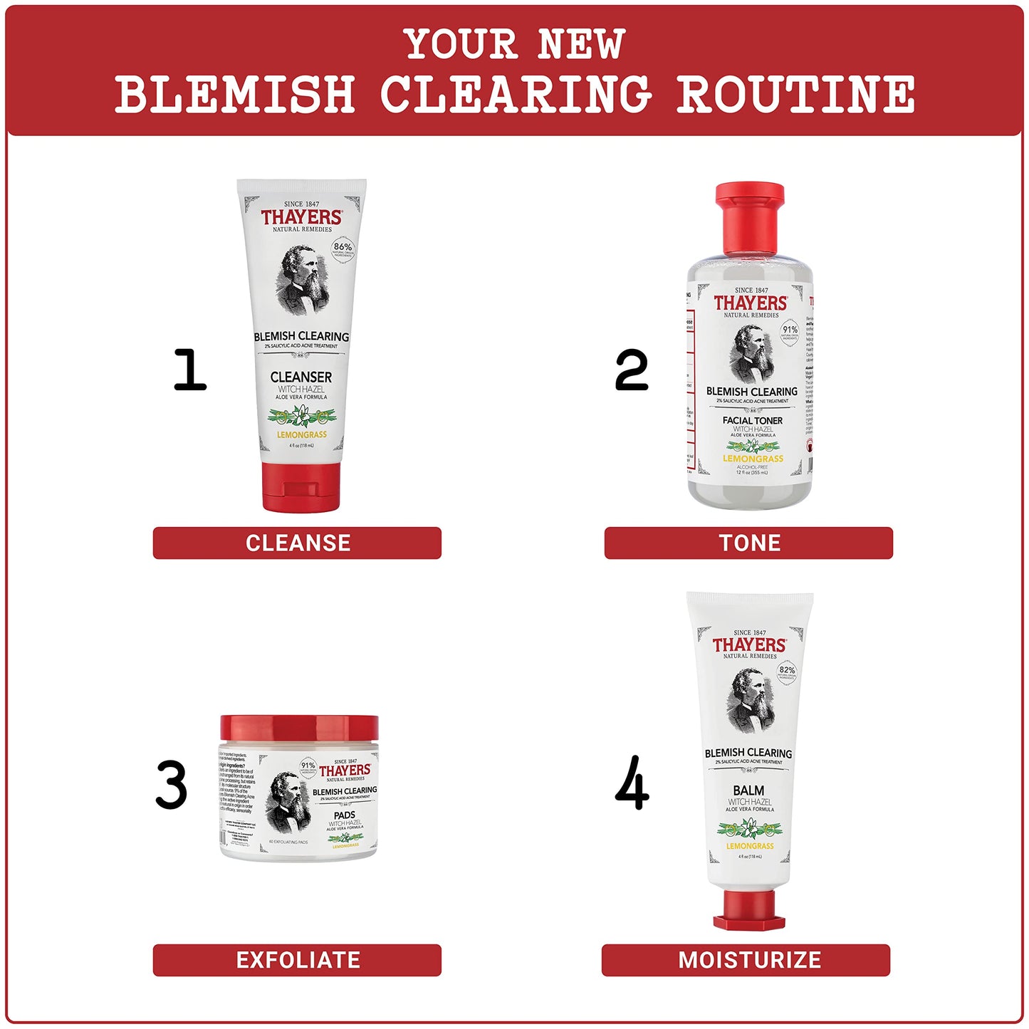 Thayers Blemish Clearing Acne Pads, Salicylic Acid Acne Treatment for Face, Pore Reducing, Exfoliating, and Soothing Skincare, Witch Hazel Toner Pads, 60 Ct