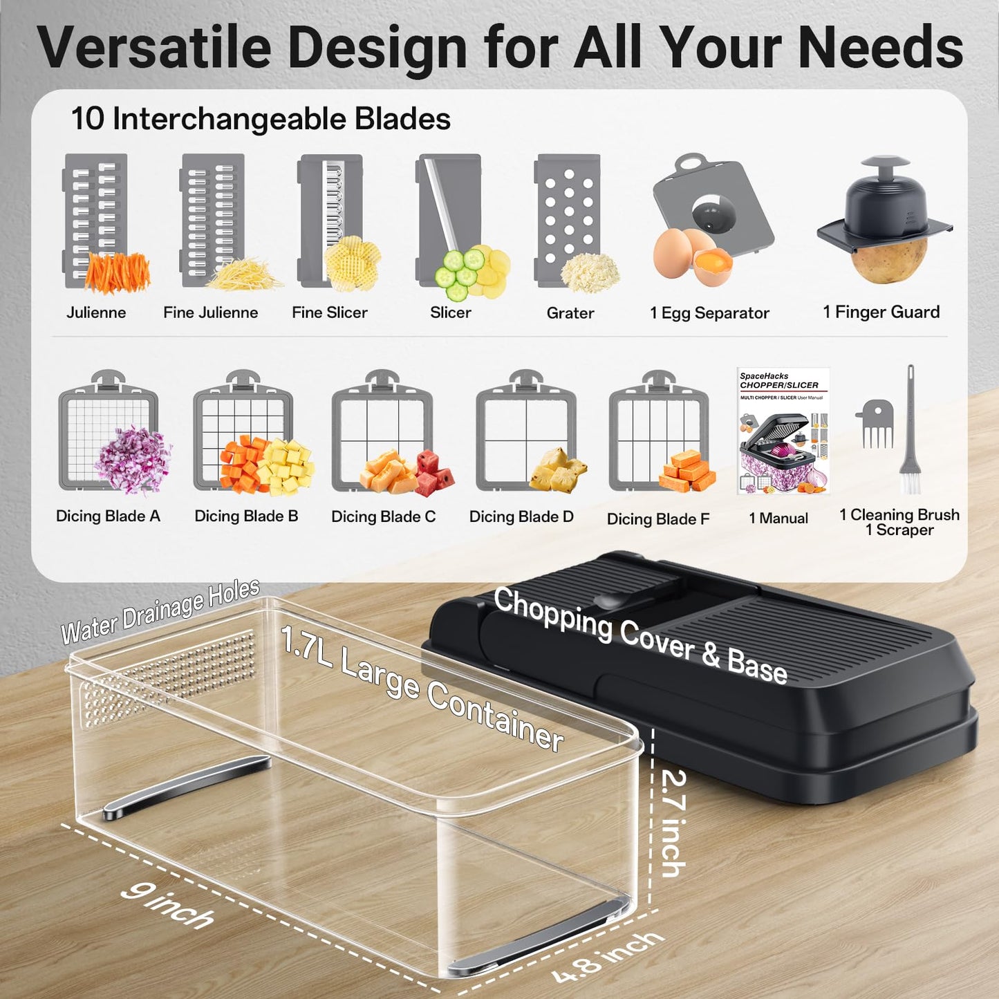 12-in-1 Vegetable Chopper, Kitchen Gadgets with 7 Blades, Veggie, Food, Onion Chopper, Cucumber Slicer, Versatile Mandoline, Includes Egg Separator & Finger Guard, Gray