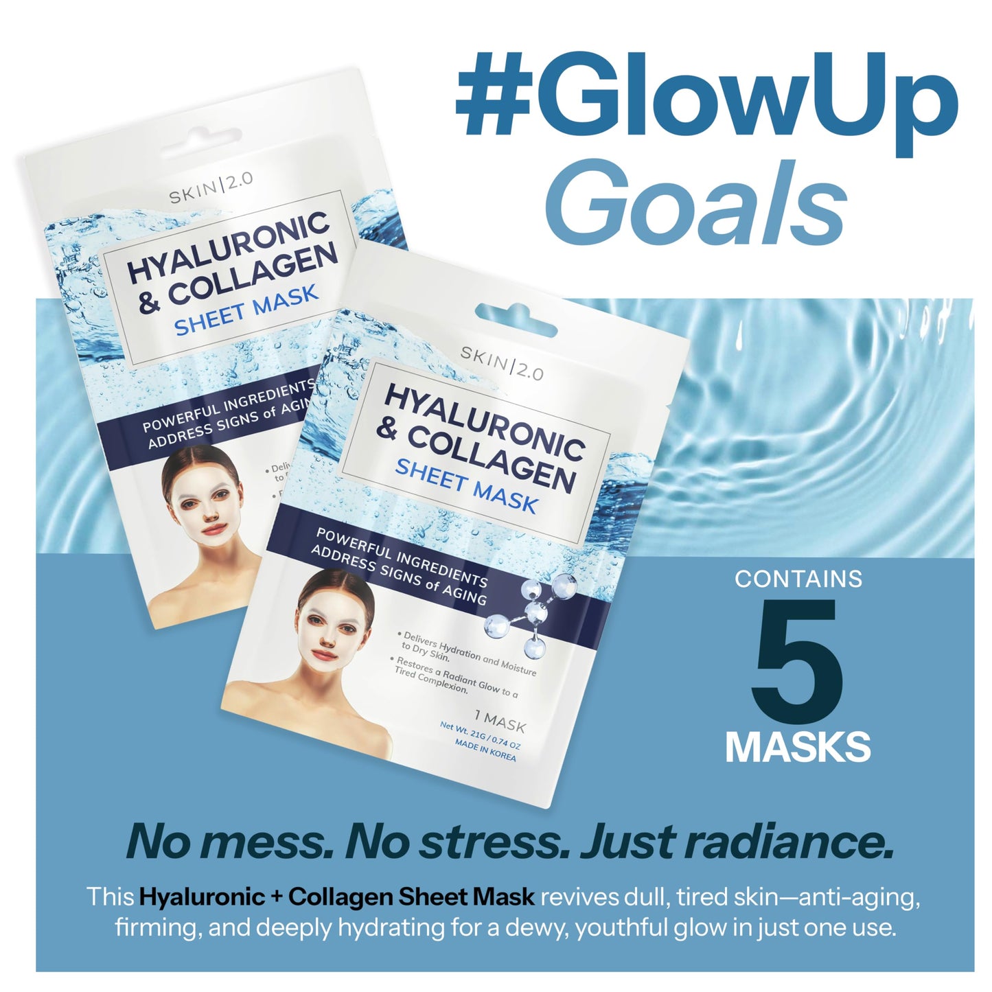 Vitamin C & Collagen Sheet Mask - Anti-Aging, Wrinkle & Age Spot Reducer, Hydrating & Moisturizing - Dermatologist Tested Korean Skincare, Clean Beauty, Cruelty-Free, All Skin Types - 5 Masks