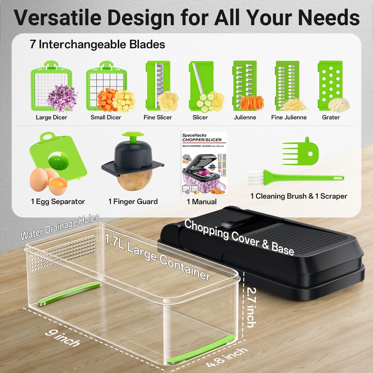 12-in-1 Vegetable Chopper, Kitchen Gadgets with 7 Blades, Veggie, Food, Onion Chopper, Cucumber Slicer, Versatile Mandoline, Includes Egg Separator & Finger Guard, Gray