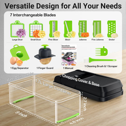 12-in-1 Vegetable Chopper, Kitchen Gadgets with 7 Blades, Veggie, Food, Onion Chopper, Cucumber Slicer, Versatile Mandoline, Includes Egg Separator & Finger Guard, Gray